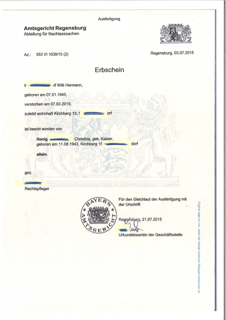 German Certificate of Inheritance - Grant of Probate (Erbschein)