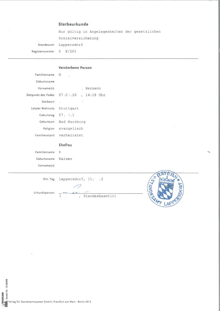 Sterbeurkunde Deutschland - Death Certificate Germany
